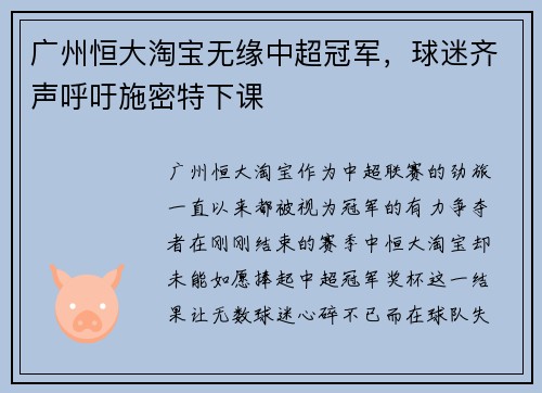 广州恒大淘宝无缘中超冠军，球迷齐声呼吁施密特下课