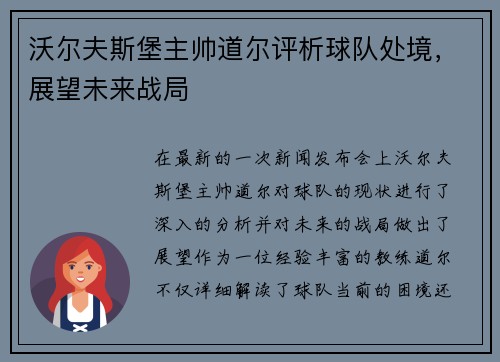 沃尔夫斯堡主帅道尔评析球队处境，展望未来战局