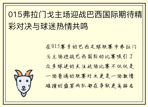 015弗拉门戈主场迎战巴西国际期待精彩对决与球迷热情共鸣